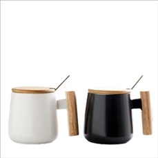 Ceramic Tea Cup with bamboo Lid Mugs Wooden Handle 13oz
